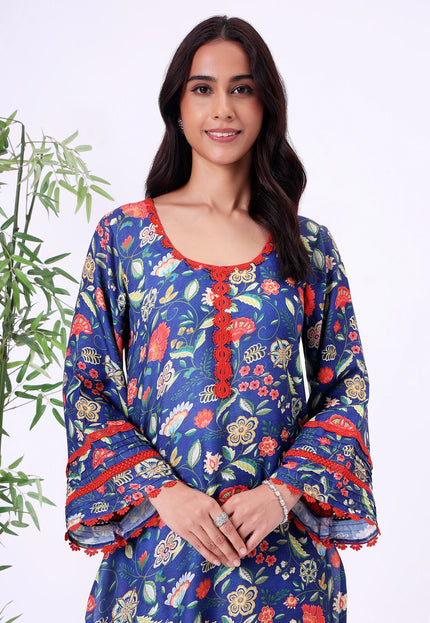 Blue Floral Printed Kurta Set with Contrast Lace Details