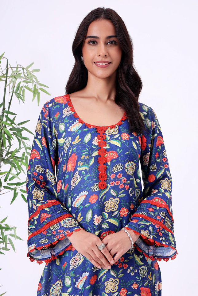 Blue Floral Printed Kurta Set with Contrast Lace Details