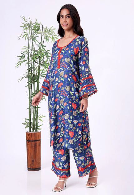 Blue Floral Printed Kurta Set with Contrast Lace Details