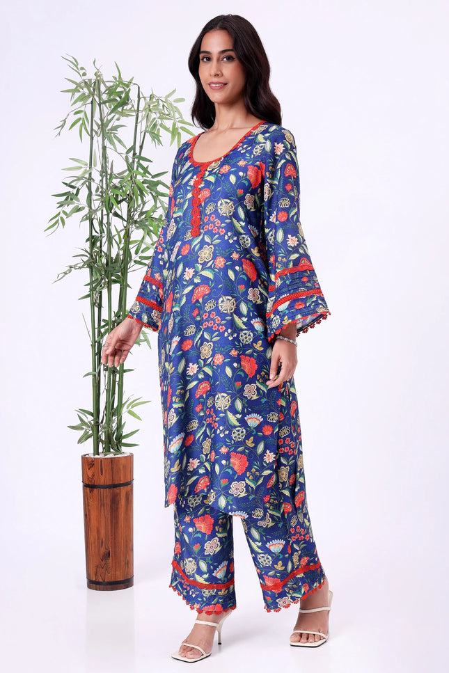 Blue Floral Printed Kurta Set with Contrast Lace Details