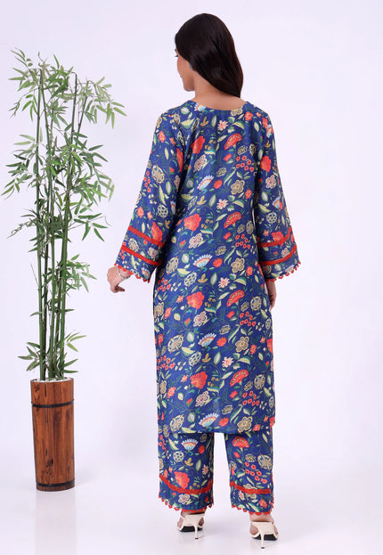 Blue Floral Printed Kurta Set with Contrast Lace Details