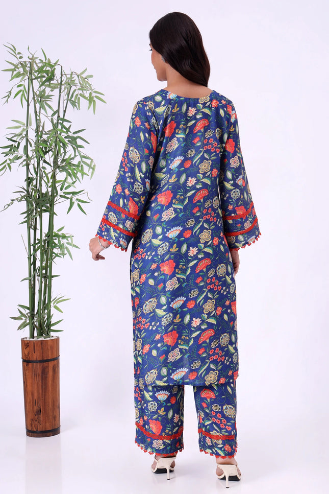 Blue Floral Printed Kurta Set with Contrast Lace Details