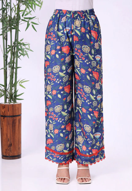 Blue Floral Printed Kurta Set with Contrast Lace Details