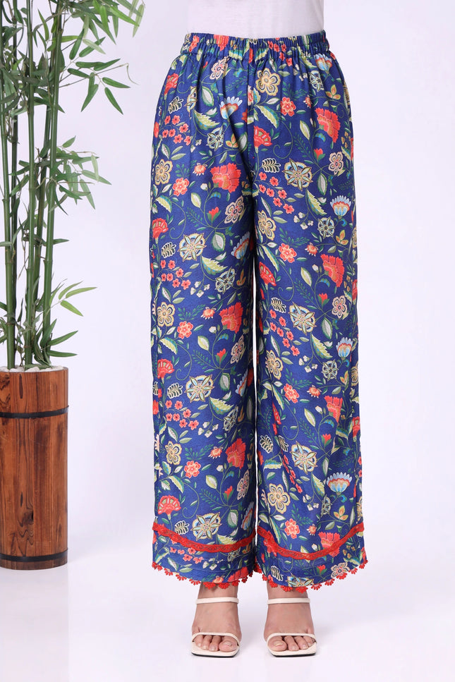 Blue Floral Printed Kurta Set with Contrast Lace Details