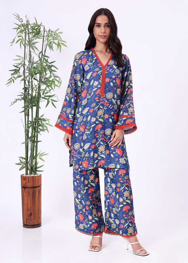 Blue Floral Printed Kurta Set with V-Neck & Contrast Borders