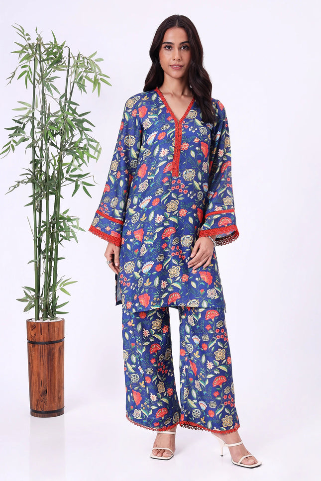 Blue Floral Printed Kurta Set with V-Neck & Contrast Borders