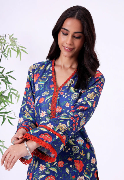 Blue Floral Printed Kurta Set with V-Neck & Contrast Borders