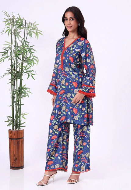 Blue Floral Printed Kurta Set with V-Neck & Contrast Borders