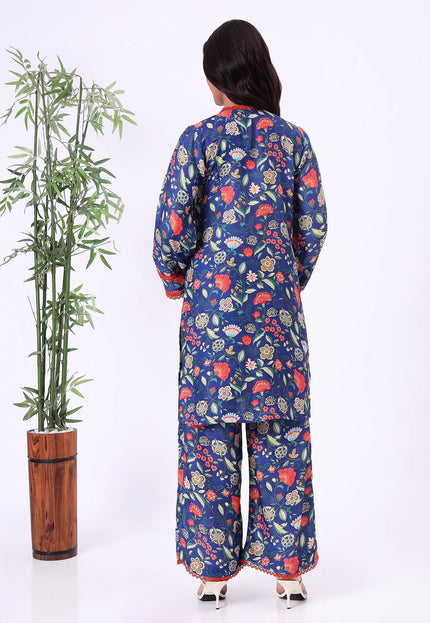 Blue Floral Printed Kurta Set with V-Neck & Contrast Borders