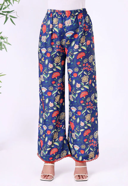 Blue Floral Printed Kurta Set with V-Neck & Contrast Borders