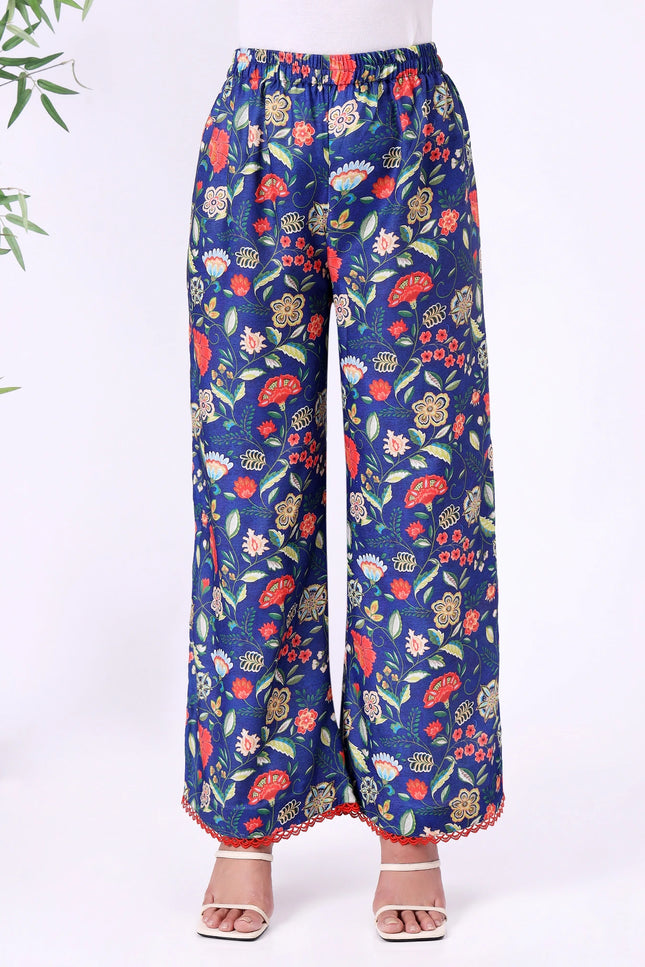 Blue Floral Printed Kurta Set with V-Neck & Contrast Borders