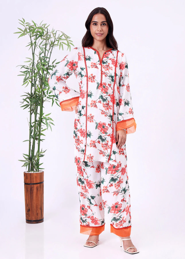 "White Floral Printed Kurta Set with Contrast Red Details "