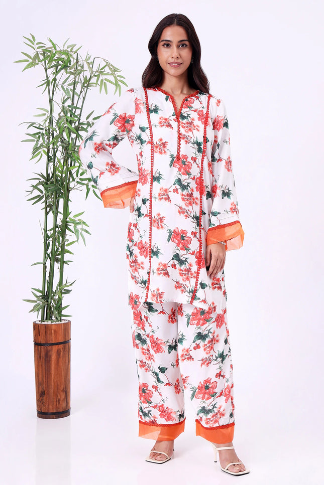 "White Floral Printed Kurta Set with Contrast Red Details "