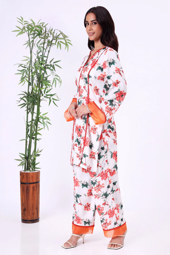 "White Floral Printed Kurta Set with Contrast Red Details "