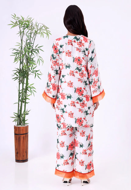 "White Floral Printed Kurta Set with Contrast Red Details "