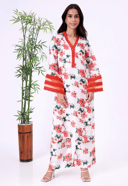 White & Red Floral Printed Kurta Set with Sheer Sleeve Details