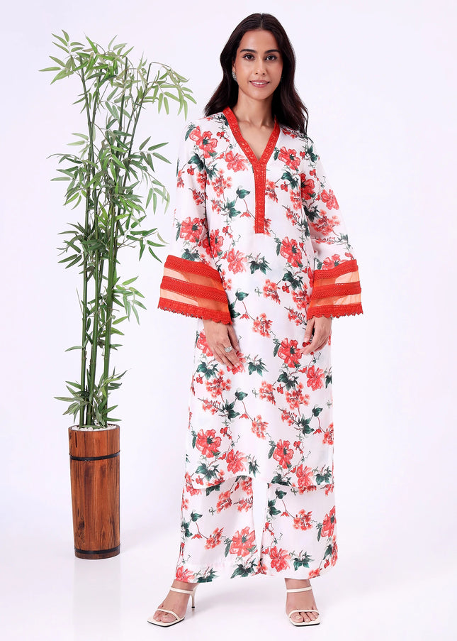 White & Red Floral Printed Kurta Set with Sheer Sleeve Details