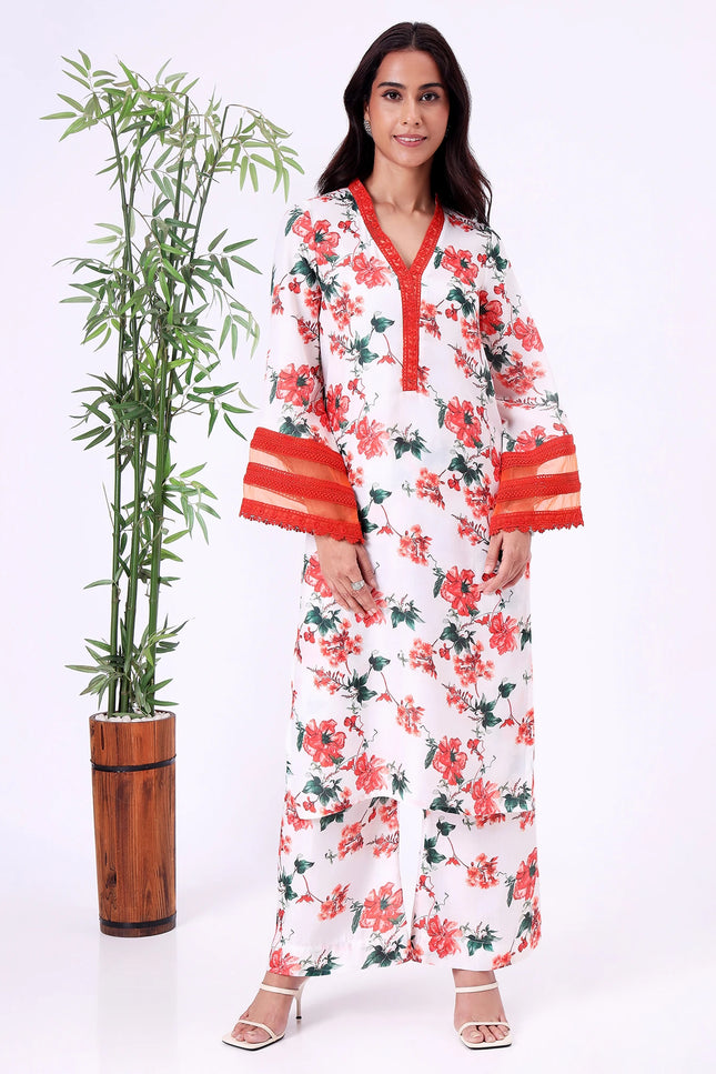 White & Red Floral Printed Kurta Set with Sheer Sleeve Details
