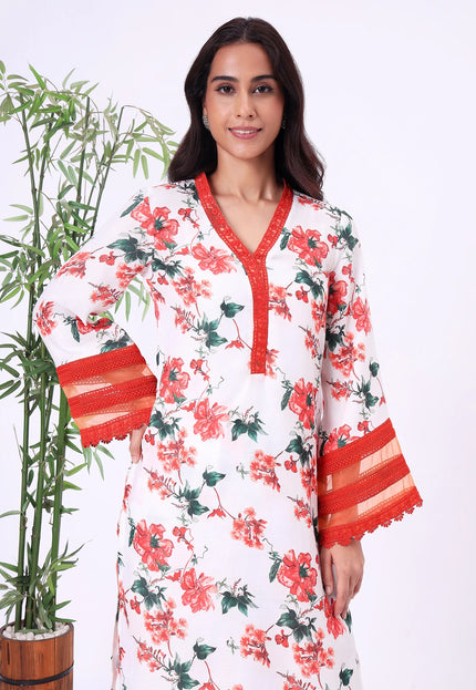 White & Red Floral Printed Kurta Set with Sheer Sleeve Details