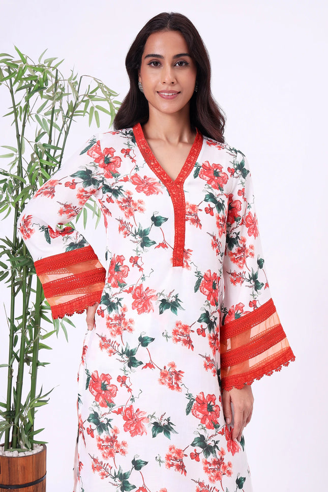 White & Red Floral Printed Kurta Set with Sheer Sleeve Details