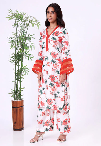 White & Red Floral Printed Kurta Set with Sheer Sleeve Details