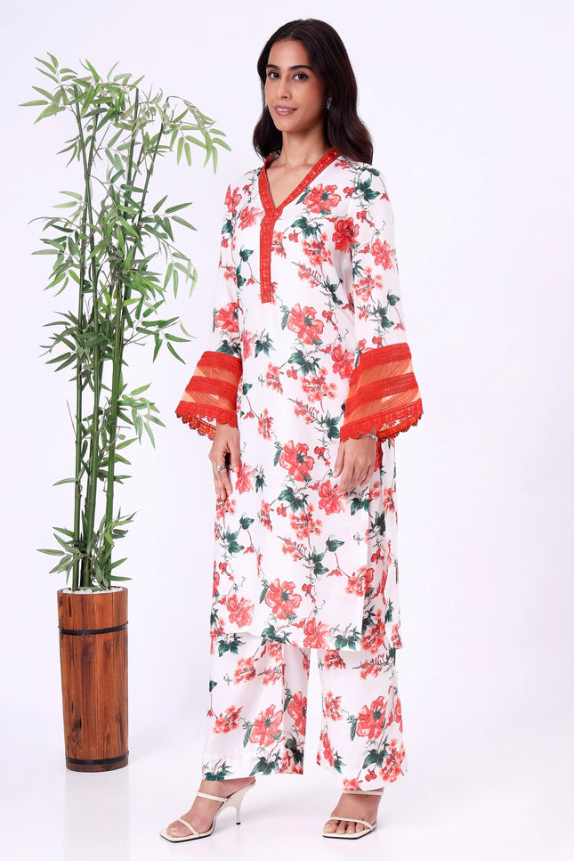 White & Red Floral Printed Kurta Set with Sheer Sleeve Details