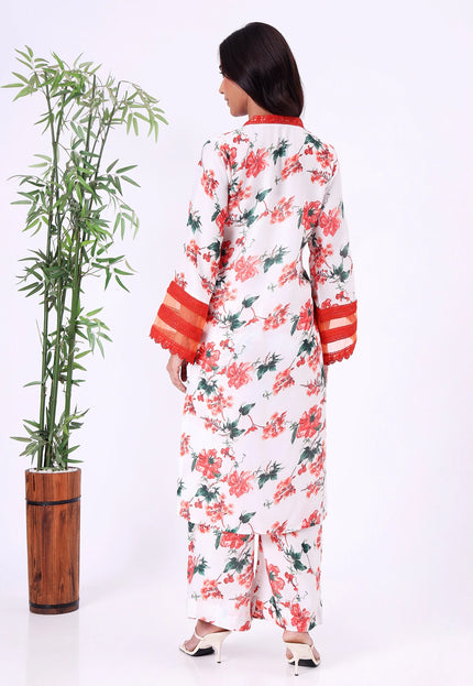 White & Red Floral Printed Kurta Set with Sheer Sleeve Details