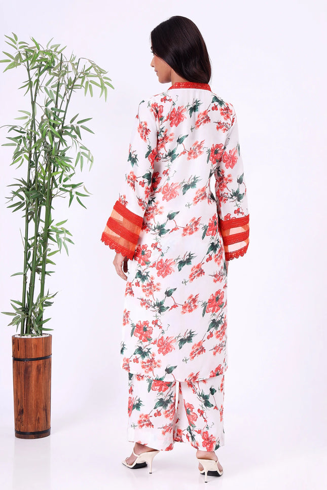 White & Red Floral Printed Kurta Set with Sheer Sleeve Details