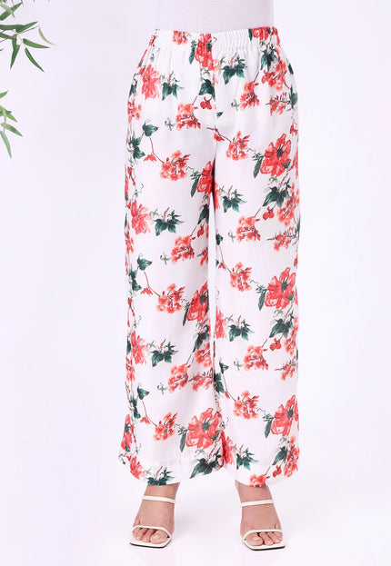 White & Red Floral Printed Kurta Set with Sheer Sleeve Details