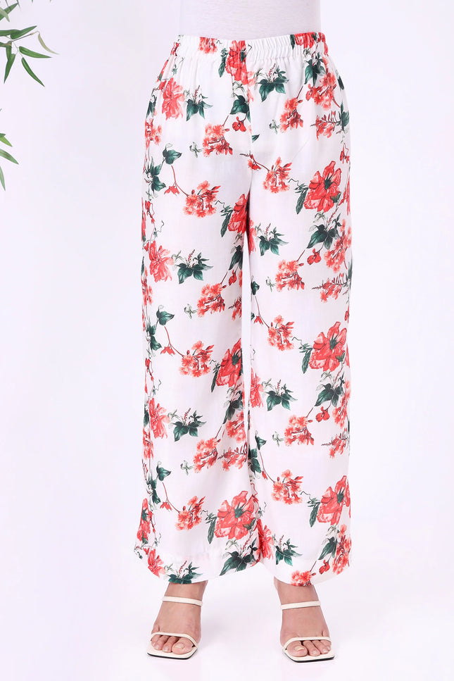 White & Red Floral Printed Kurta Set with Sheer Sleeve Details