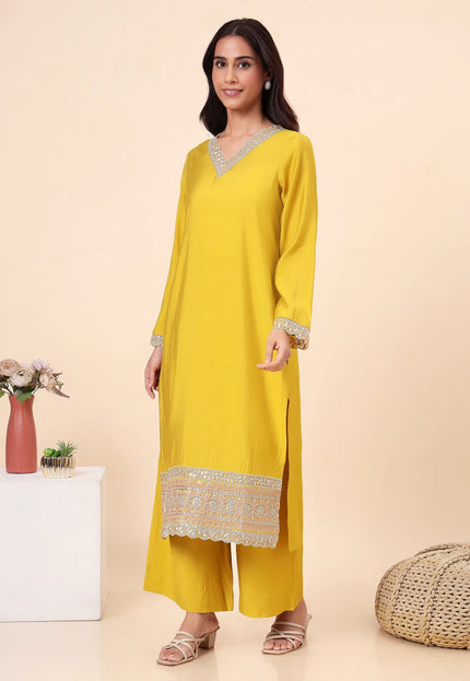 Lime Green Kurta Set with Sheer Dupatta & Gold Lace Details