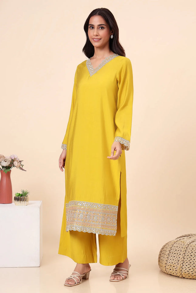 Lime Green Kurta Set with Sheer Dupatta & Gold Lace Details