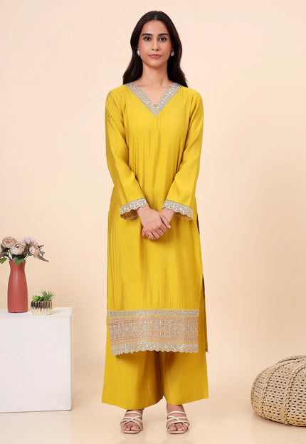 Lime Green Kurta Set with Sheer Dupatta & Gold Lace Details