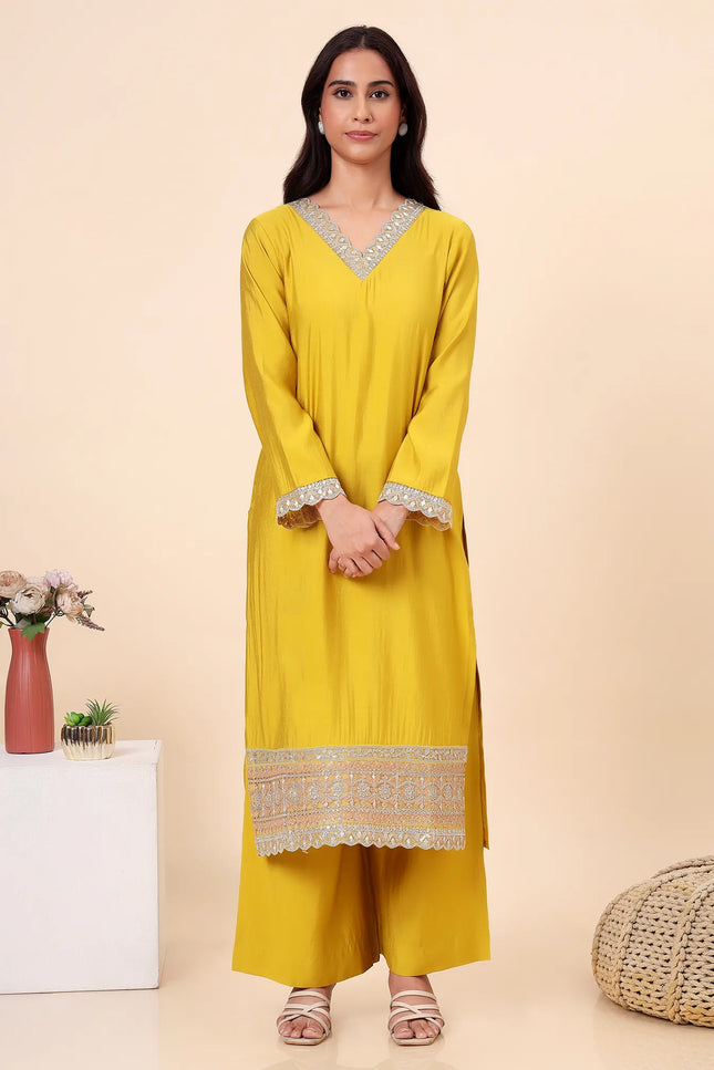 Lime Green Kurta Set with Sheer Dupatta & Gold Lace Details