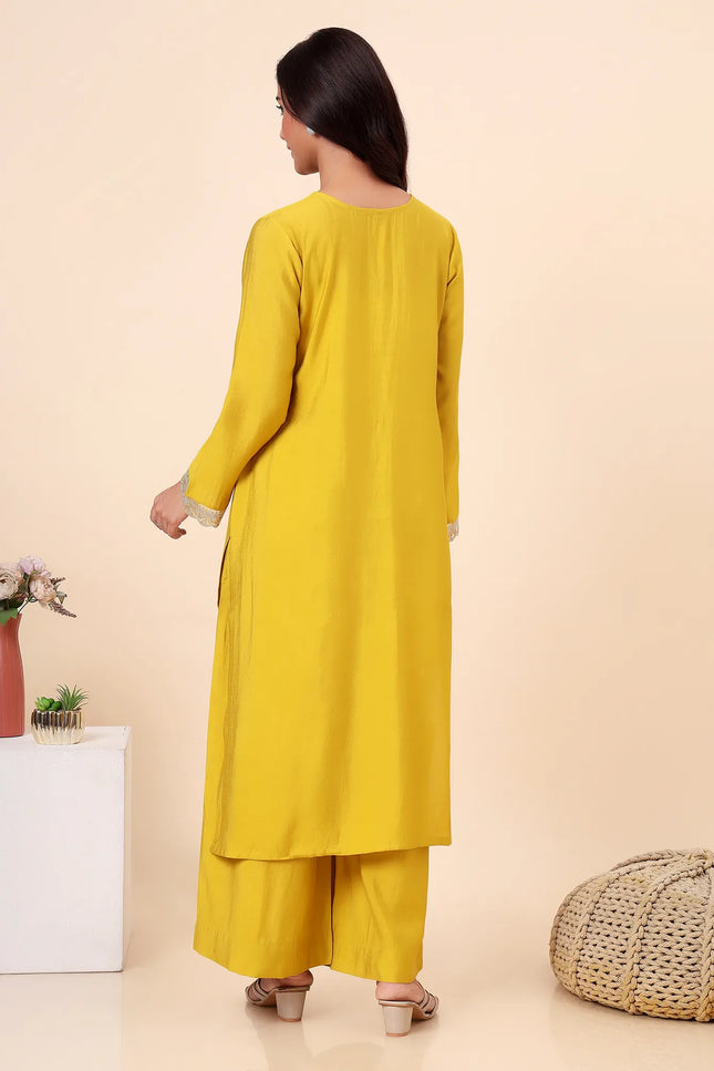 Lime Green Kurta Set with Sheer Dupatta & Gold Lace Details