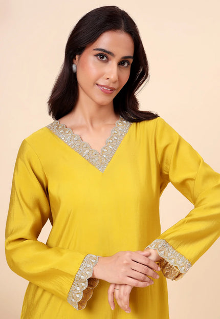 Lime Green Kurta Set with Sheer Dupatta & Gold Lace Details