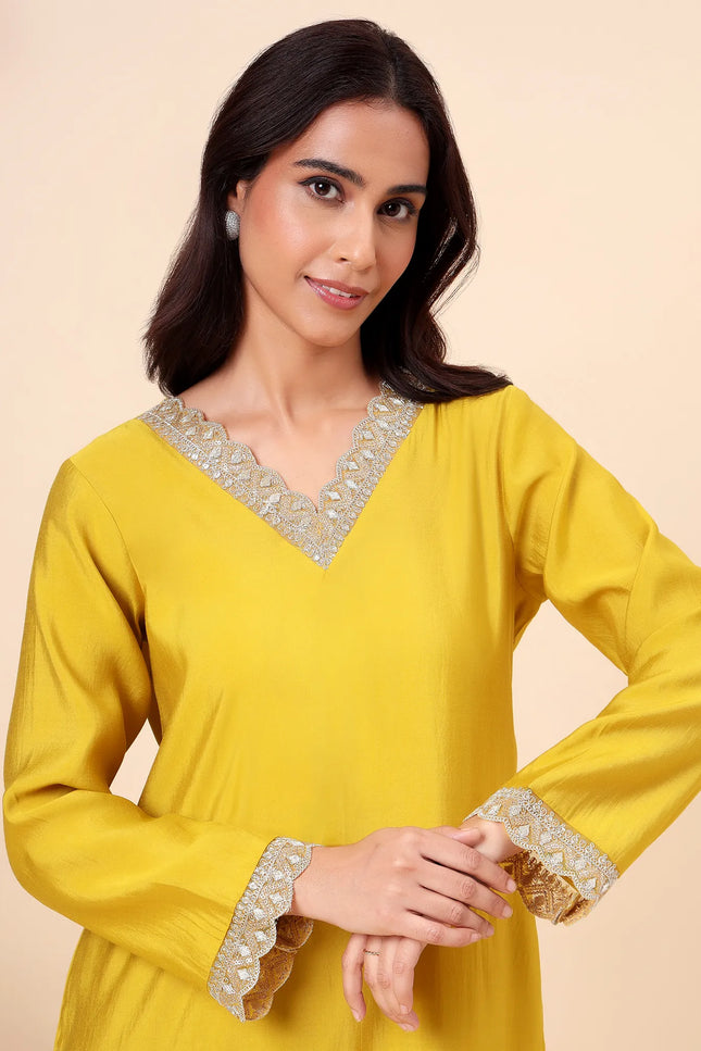 Lime Green Kurta Set with Sheer Dupatta & Gold Lace Details