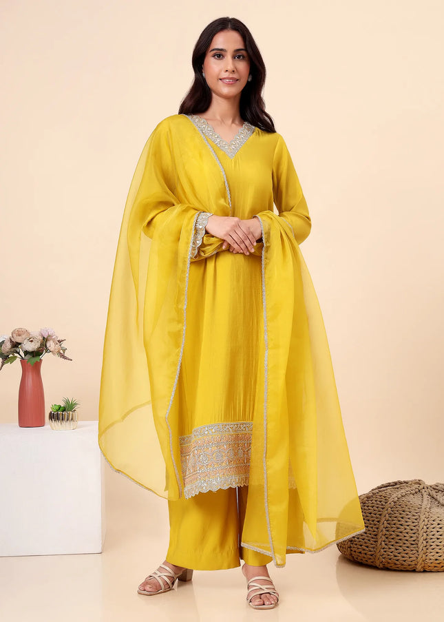 Lime Green Kurta Set with Sheer Dupatta & Gold Lace Details