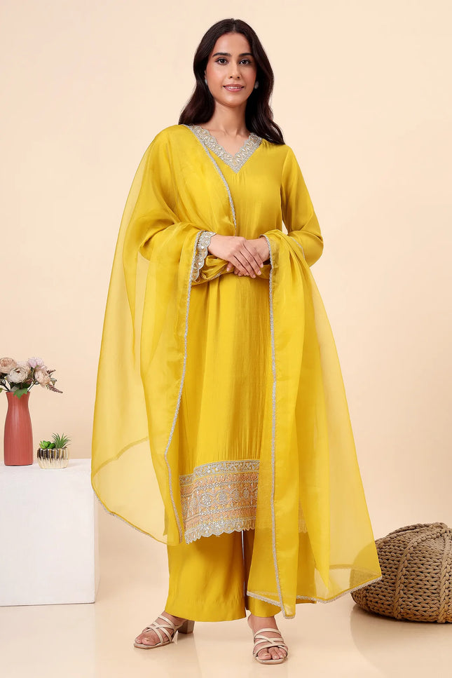 Lime Green Kurta Set with Sheer Dupatta & Gold Lace Details