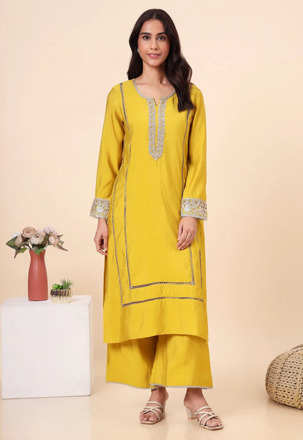 Lime Yellow Kurta Set with Gold lace Details