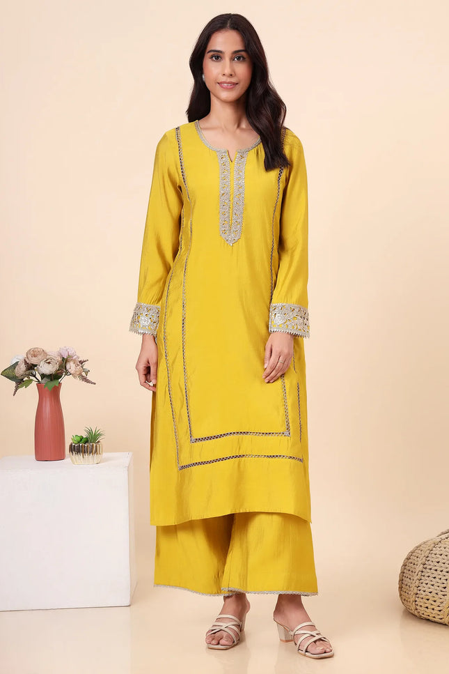 Lime Yellow Kurta Set with Gold lace Details