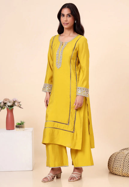 Lime Yellow Kurta Set with Gold lace Details