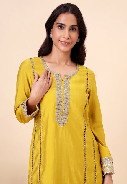 Lime Yellow Kurta Set with Gold lace Details
