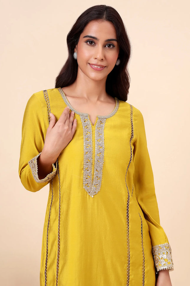 Lime Yellow Kurta Set with Gold lace Details