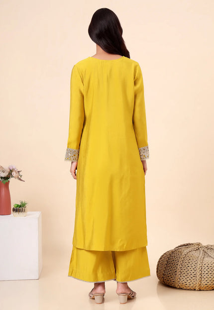 Lime Yellow Kurta Set with Gold lace Details