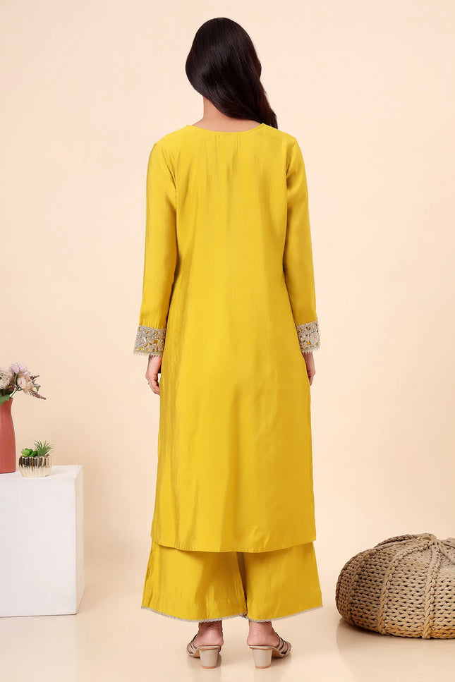 Lime Yellow Kurta Set with Gold lace Details