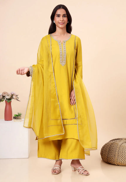 Lime Yellow Kurta Set with Gold lace Details