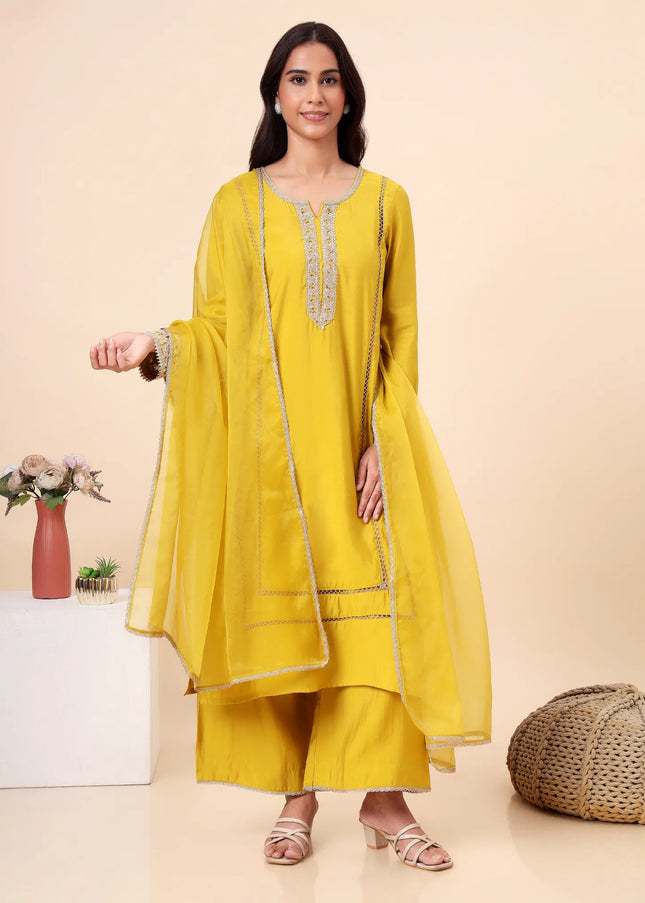 Lime Yellow Kurta Set with Gold lace Details
