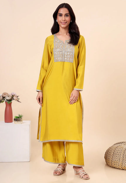 Lime Green Kurta Set with Sheer Organza Dupatta & Embroidered Neckline