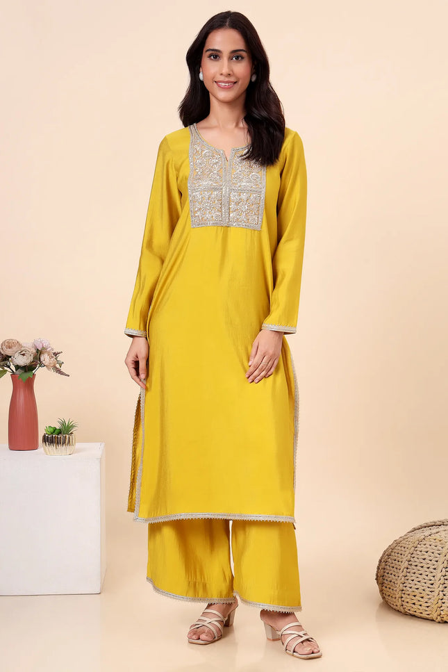Lime Green Kurta Set with Sheer Organza Dupatta & Embroidered Neckline